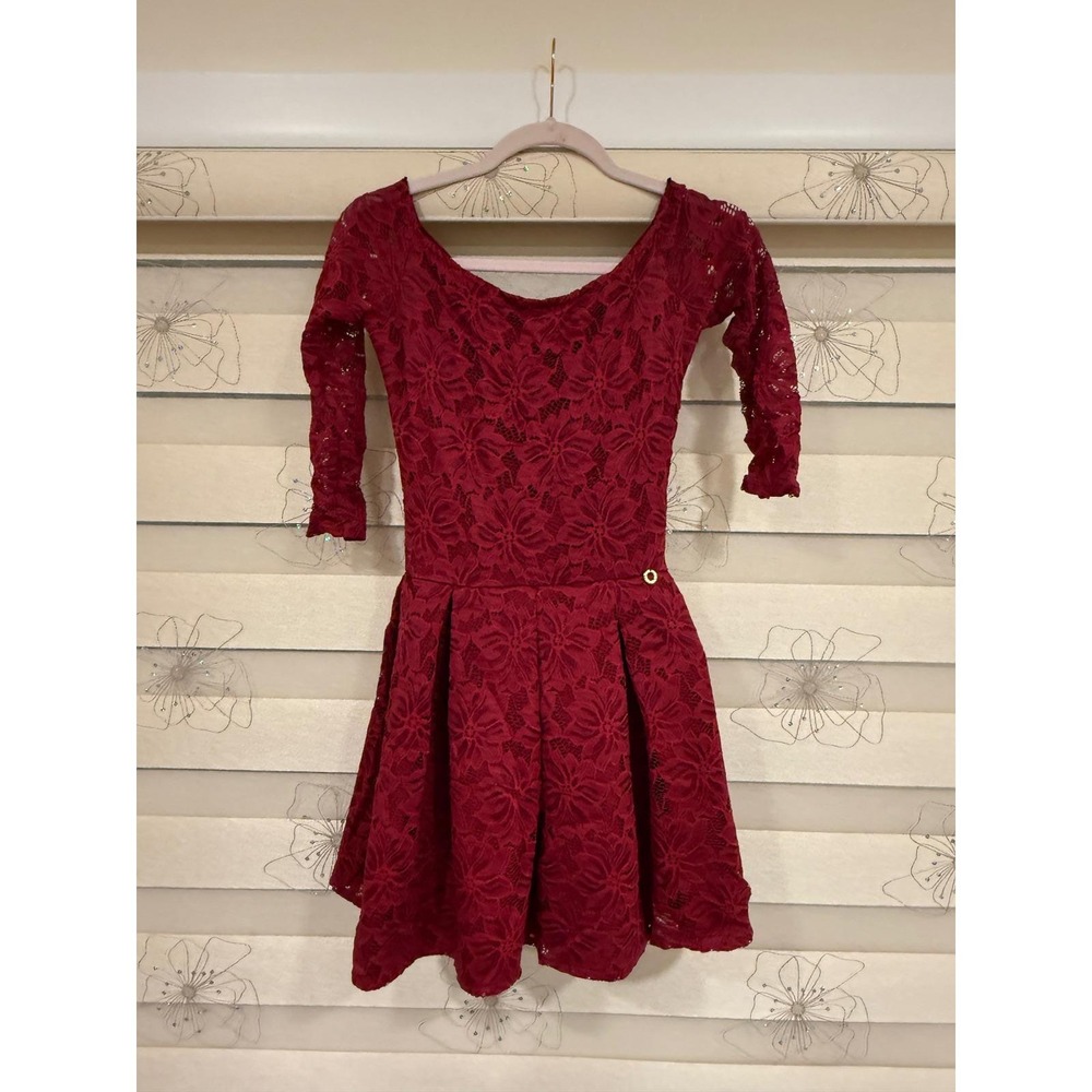 Burgundy Floral Lace Fit and Flare Mini Dress XS 3/4 Sleeve Red.Made in Poland - Picture 1 of 14